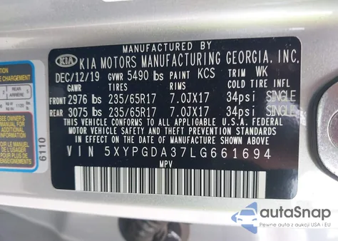 2020 Kia Sorento 2.4L Lx из США, поврежденный, VIN 5XYPGDA37LG661694